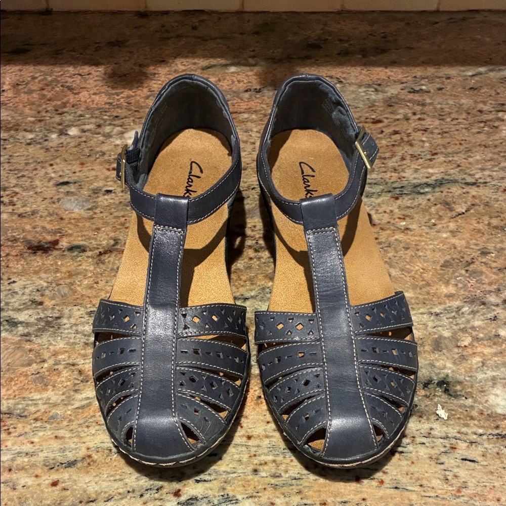Clarks Women's Blue T-Strap Sandals